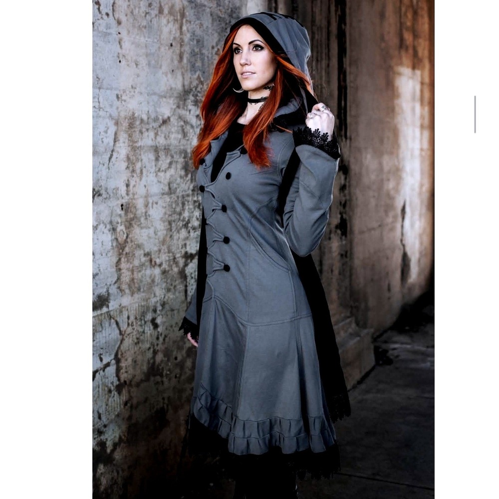 Gothic Style Gray / Black Trim Midi Corst Style Coat Removable Hood Pockets XS - Picture 3 of 16